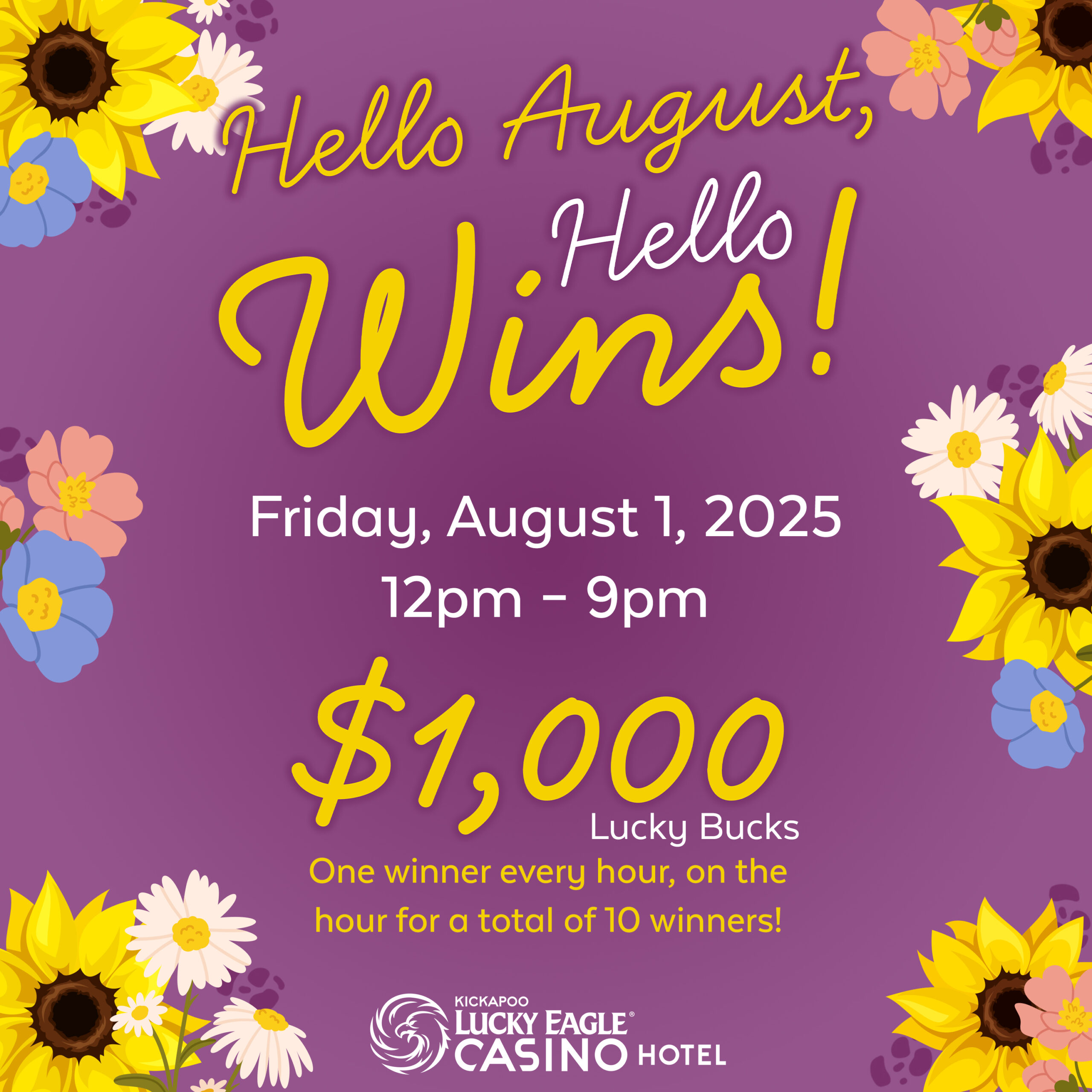 Lucky-Eagle-Hello-Wins-Hello-August-3000x3000 Forever Young | Senior Promotions at Kickapoo Lucky Eagle Casino